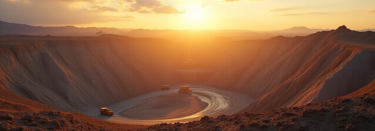 Heavy machinery in a vast open-pit mine during golden hour
